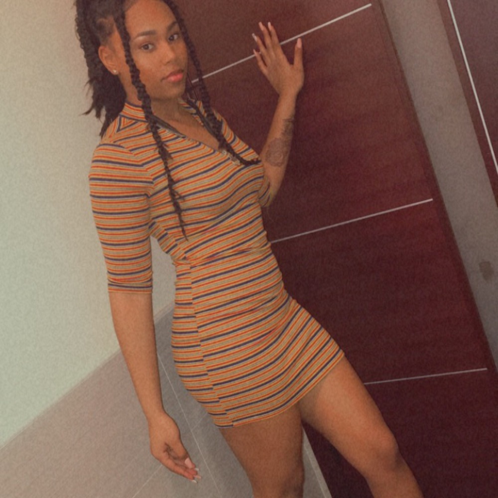 Yellow red and blue striped dress with sleeves